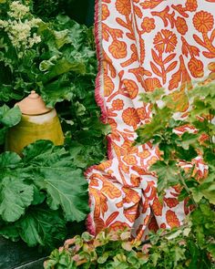 an orange vase sitting next to some green plants and flowers on a tablecloth covered bench