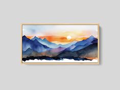 an abstract painting with mountains and the sun setting in the distance, on a gray wall