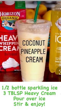 there are three different types of ice creams and drinks on the table with text that reads, coconut pineapple ice cream