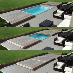 two pictures of an outdoor swimming pool with lounge chairs