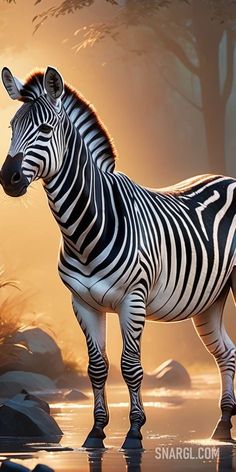 a zebra standing on top of a body of water next to some rocks and trees