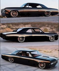 three different views of a black and gold car in the desert, one with chrome rims