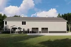 an artist's rendering of a large white barn with two garages on the side