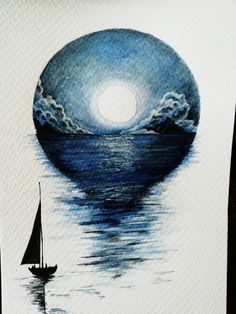 a drawing of a sailboat in the ocean at night with a full moon behind it