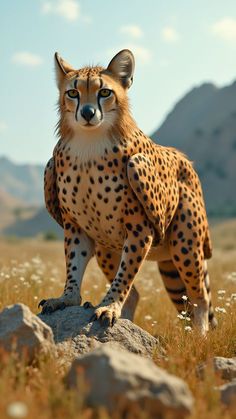 a cheetah standing on top of a rock in the middle of a field