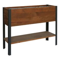 a wooden table with metal legs and a planter on it's shelf, against a white background