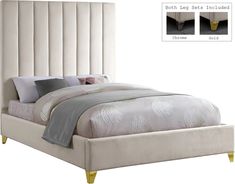 a white bed with two pillows on top of it and an image of the headboard