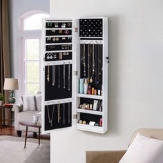 Mirror jewelry cabinet wall-mount/door-hanging armoire, lockable storage organizer w/drawers. Hokku Designs | Hokku Designs Mercedys Over-the-Door Jewelry Armoire w / Mirror 43.3 H x 12.4 W x 3.5 D in brown / Manufactured Wood in White | 43.3" H X 12.4" W X 3.5" D | Wayfair Dressing Room Decor, Lockable Storage, Dressing Table Design, Wardrobe Interior Design, Beauty Room Design, Home Decor Crate, Bedroom Decor Design, House Furniture Design, Jewelry Cabinet