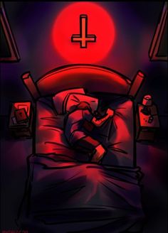 a person laying in bed under a red light with a cross above the headboard