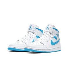 White And Carolina Blue Colorway. Goat Verified. Worn One Time, Will Ship In Box. Air Jordan 1 Mid Unc, Jordan 1 Mid Unc, Wmns Air Jordan 1, Retro Basketball Shoes, Womens Air Jordans, University Blue, Nike Shoes Women, Air Jordan 1 Mid, Round Toe Heels