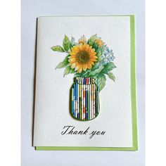 a thank card with an image of a sunflower in a vase on the front