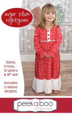 Sugar Plum Nightgown PDF Sewing Pattern Baby Nightgown, Baby Dress Clothes, Christmas Nightgowns, Nightgown Pattern, Girls Nightgown, Vintage Styling, Sewing Projects For Kids, Top Sewing Pattern, Sewing Design