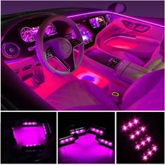 the interior of a car is lit up with purple light and features an array of leds