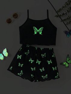 Negro Casual Collar   Animal,Mariposa  Embellished Elástico Ligero Pajama Set Summer, Animal Butterfly, Tank Top And Shorts, Future Outfit, Cute Everyday Outfits