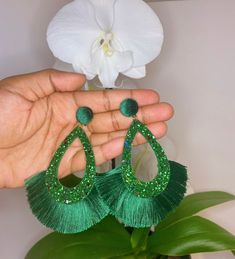 emerald green fan earrings with green glitter accents Cheap Elegant Green Tassel Earrings, Green Tassel Earrings For Summer, Hot Earrings, Lucky Earrings, Tassel Earring, Bronze Earrings, Gem Earrings, Fan Earrings, Yellow Earrings