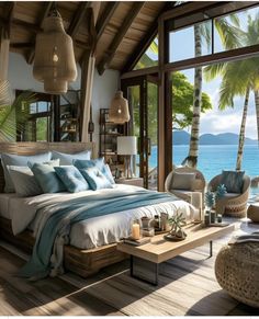 a bedroom with a large bed sitting next to the ocean