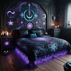 a bed with purple and blue lights on it in a dark room next to a window