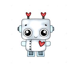 a robot with hearts on its head and eyes, standing in front of a white background