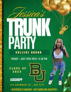 a flyer for a trunk party with gold balloons and a girl in white bra top