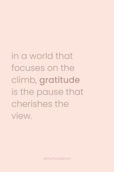 a pink background with the words in a world that focuses on the climb, gratitude is the pause that cherishes the view