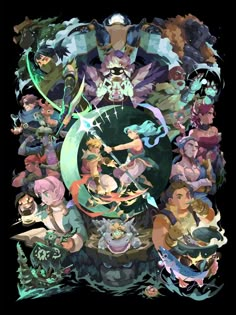 an image of anime characters surrounded by many different things in the background, with one person holding