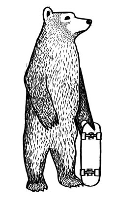 a black and white drawing of a bear holding a suitcase