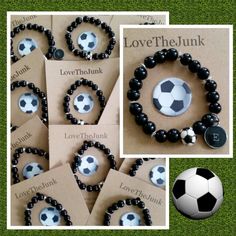 several pictures of different items including a soccer ball, bracelets and love the junk tag