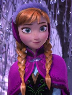 an animated character with long hair and blue eyes, wearing a purple outfit in front of snow