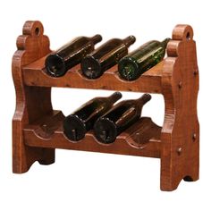 a wooden wine rack with several bottles on it