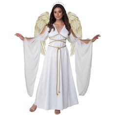 a woman dressed in an angel costume standing with her arms out and hands on her hips