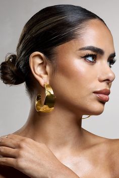 Splendor | Gold Textured Chunky Hoop Earrings Health And Hygiene, Crystal Statement Earrings, Club L London, Oversized Earrings, Pregnant Wedding, Sleek Bun, Platform Heels Boots, Wedding Shoes Bride, Chunky Hoop Earrings