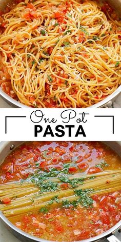 one pot pasta is shown in two different pans, and the other has spaghetti