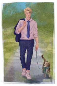 a painting of a man with a dog on a leash walking down a path in the park