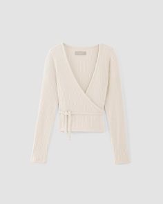 The Rib-Knit Wrap Top Bone – Everlane Cozy Fitted Ribbed Knit Top, Cozy Ribbed Fitted Knit Top, Fitted Ribbed Cotton Cropped Sweater, Ribbed Fitted Cropped Cotton Sweater, Ribbed Cropped Sweater For Loungewear, Ribbed Crop Top For Fall Loungewear, Ballet Wrap Top, Dress Bag, Outfit Formulas