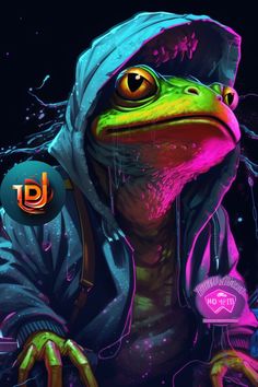 a frog wearing a hoodie with the letter g on it's chest and head