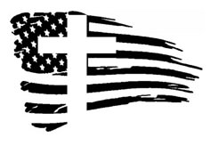 the american flag with a cross on it is shown in black and white, as well as