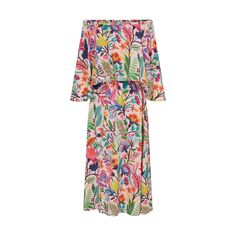 Adela Tropical Floral Off The Shoulder Bardot Midi Summer Dress In Vibrant Multicolours Midi Summer Dress, Dress With Cape, Midi Dress Summer, Steam Iron, Cape Dress, Fabulous Fashion, Tropical Floral, Care Label, Ladies Dress Design