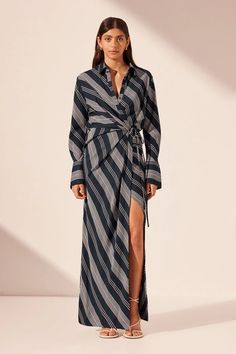 HARLOW DRAPED SHIRT MAXI DRESS | DARK NAVY/IVORY | DRESSES | SHONA JOY – Shona Joy International Bridesmaid Pants, Draped Shirt, Maxi Dress Dark, Shirt Maxi Dress, Shona Joy, Maxi Shirt Dress, Ivory Dresses, Winter Wardrobe, Dark Navy