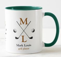 a green and white coffee mug with the name mark louis golf player on it