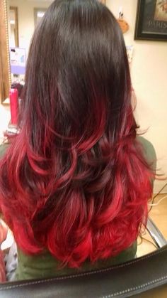 Brown With Red Tips Hair, Dark Brown Hair With Red Tips, Dyed Red Tips Hair, Black Faded To Red Hair, Dyed Tips On Layered Hair, Layer Tips Dyed, Red Hair At The Ends, Ends Of Hair Dyed Red