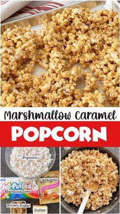 marshmallow caramel popcorn recipe with text overlay