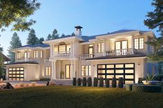 this is an artist's rendering of a luxury home in the evening time with lights on