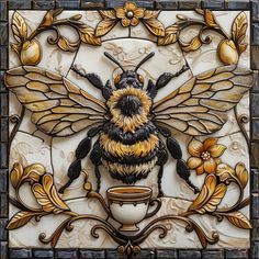 a bee sitting on top of a coffee cup in front of a tile wall with flowers