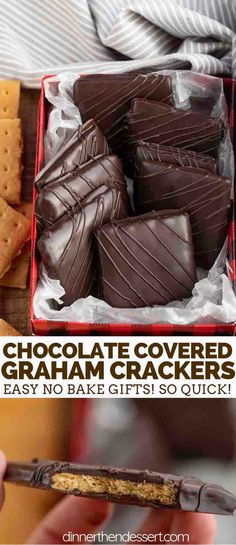 chocolate covered graham crackers in a red box with text overlay that reads, chocolate covered graham crackers easy no bake gifts so quick