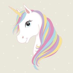 a unicorn's head with rainbow hair and blue eyes on a gray background, suitable for