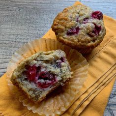 two muffins sitting on top of yellow napkins