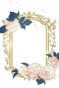 an ornate gold frame with pink flowers and leaves on the edges is surrounded by bubbles