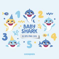 the baby shark is surrounded by other animals and numbers on a blue background with white lettering