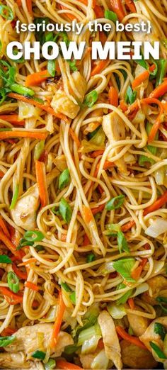 chow mein noodles with chicken, carrots and green onions