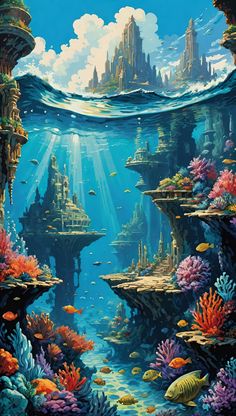 the underwater city is surrounded by coral reefs